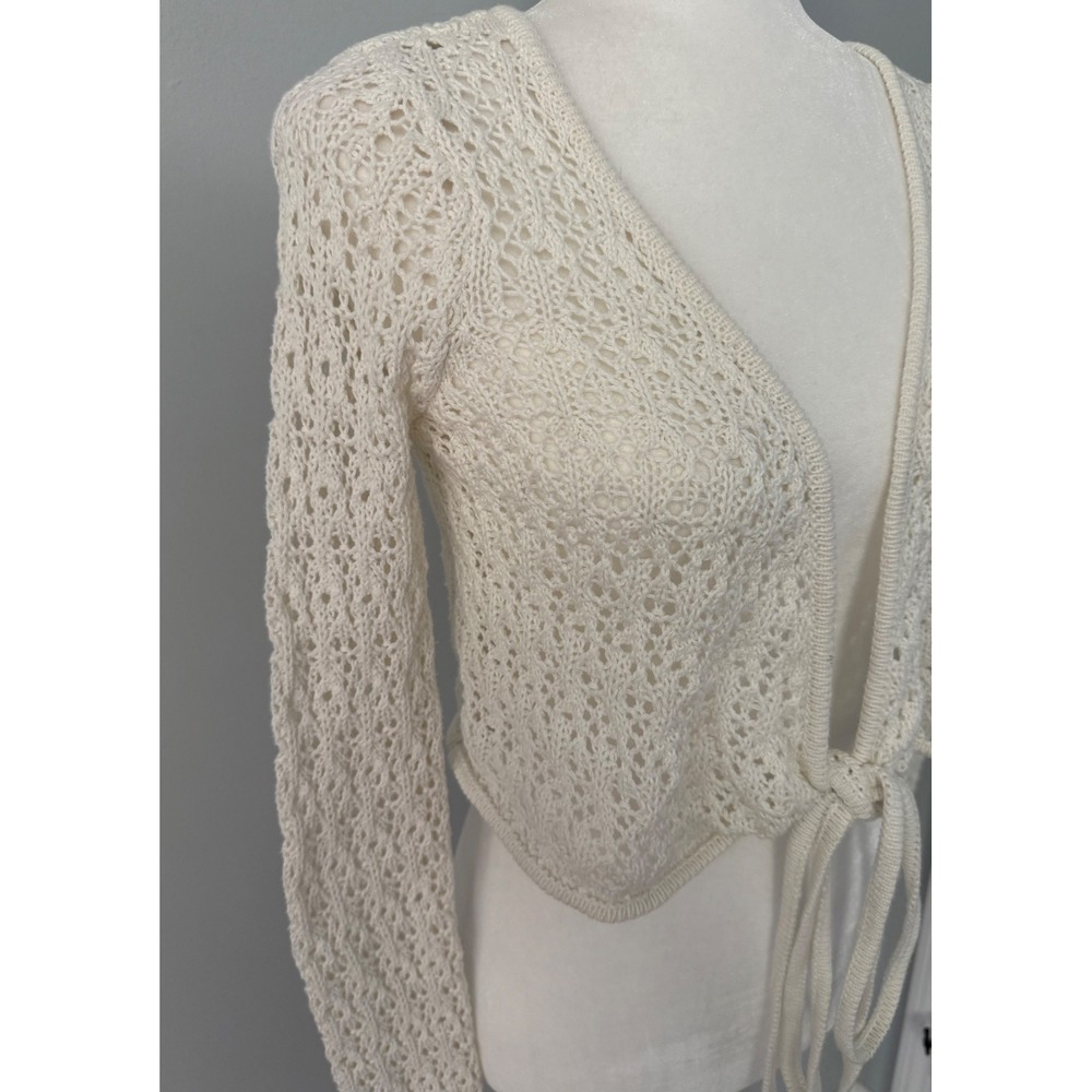 Aeropostale Women's Cream Open Knit Tie Front Cropped Cardigan Sweater Boho XS - Picture 4 of 10